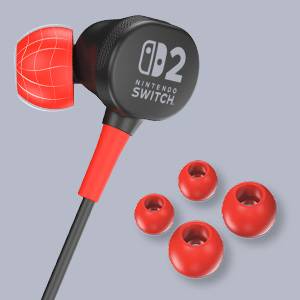 Écouteurs rouges Nintendo Switch avec un logo audacieux sur le côté, présentés avec trois paires d'embouts auriculaires interchangeables rouges.
