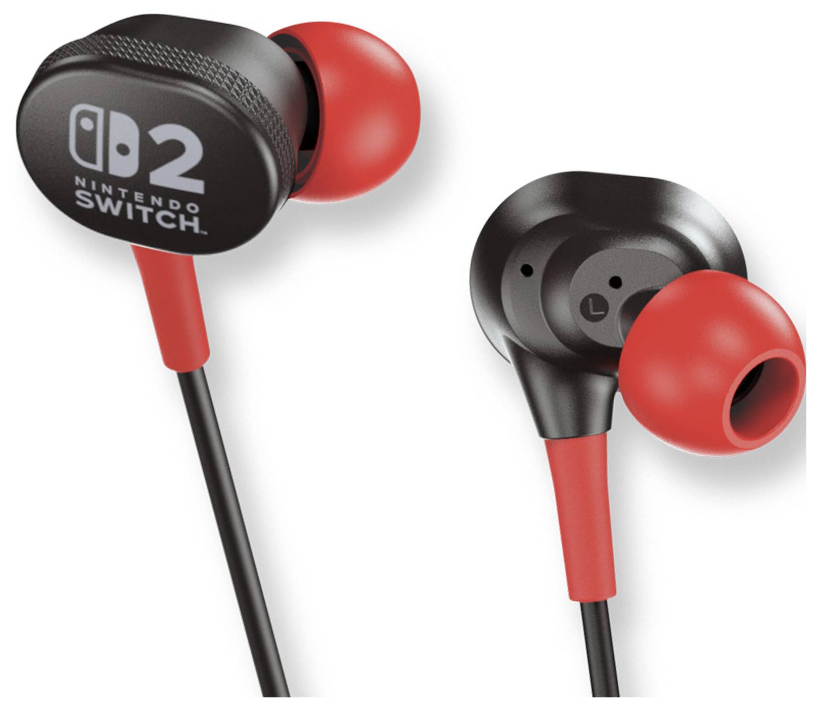 Écouteurs Nintendo Switch rouges et noirs de la marque Hori, conçus pour le gaming, avec des écouteurs intra-auriculaires et une connexion filaire.