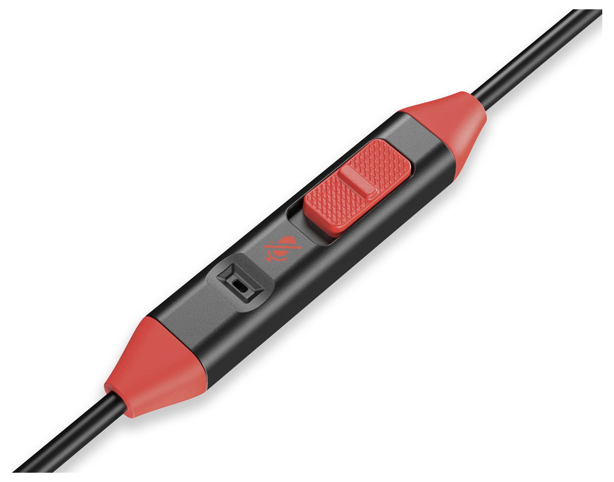 L'image montre un commutateur en ligne noir et rouge avec un bouton de sourdine et un contrôle de volume sur un câble.