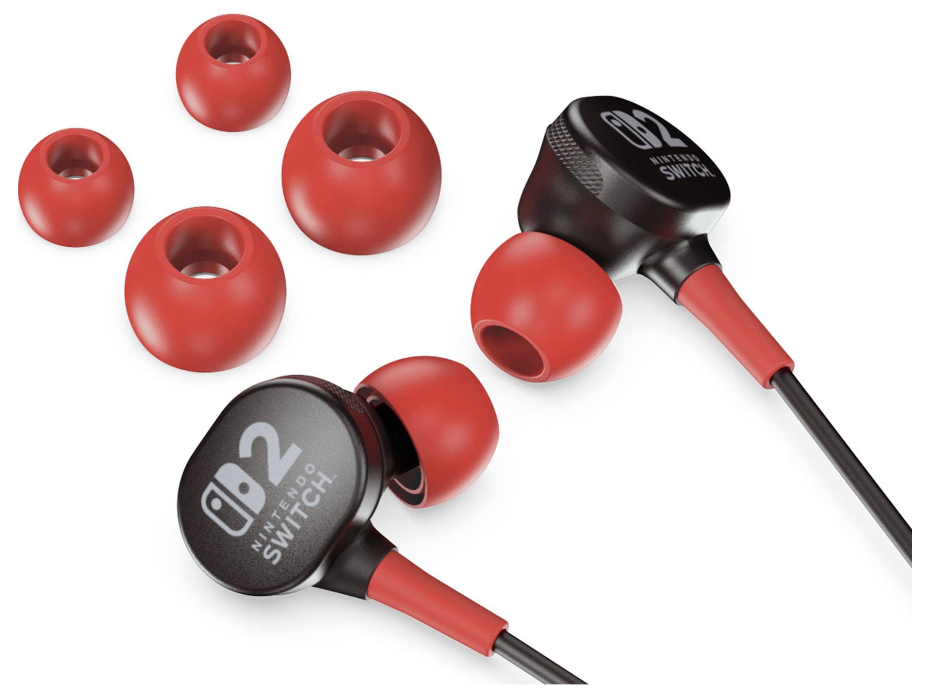 Écouteurs rouges et noirs avec trois tailles supplémentaires d'embouts. Conçus pour Nintendo Switch avec logo sur les écouteurs.