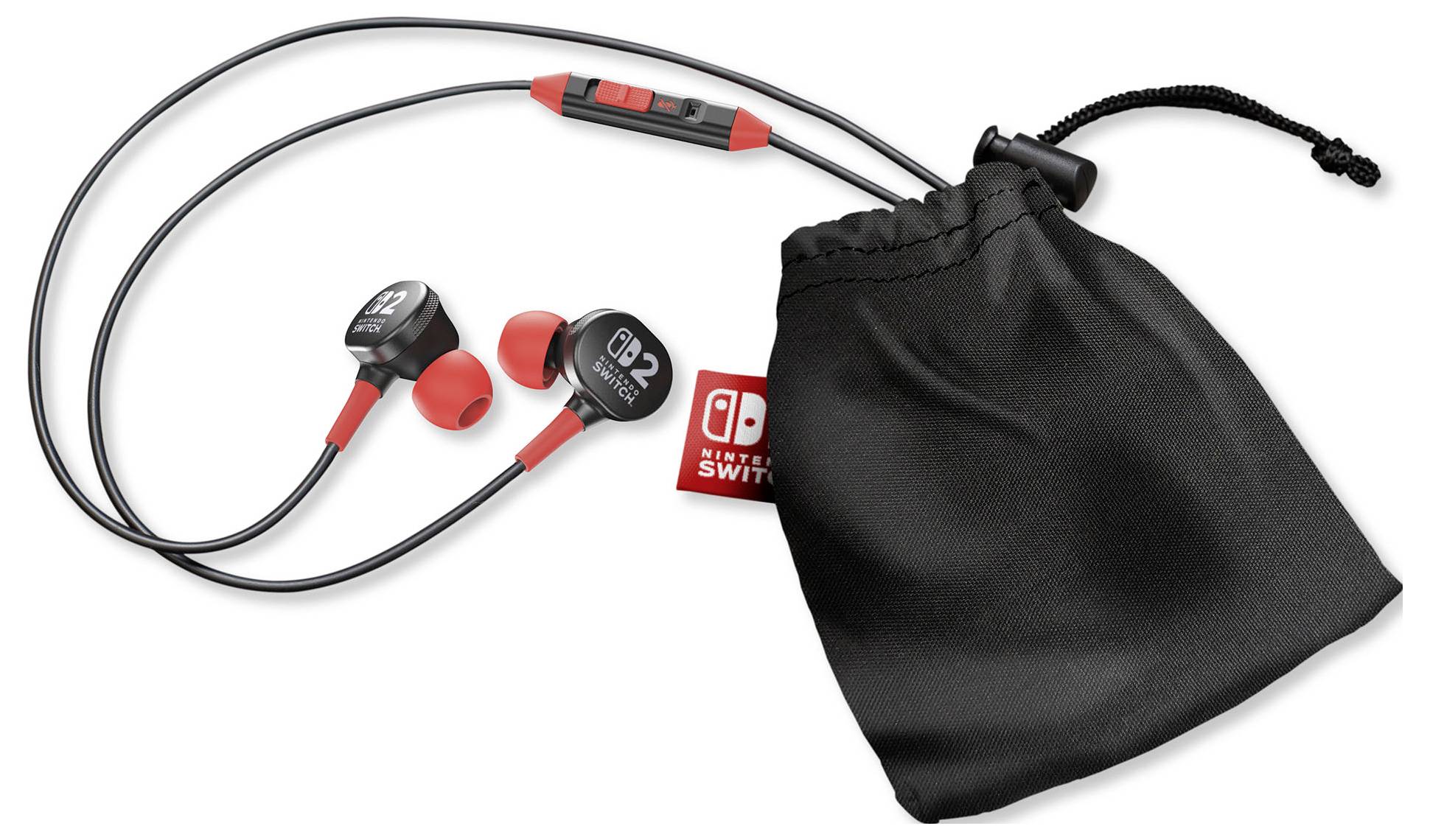 Écouteurs rouges et noirs avec commandes intégrées et microphone, à côté d'une pochette à cordon noir. Marquage de la marque Nintendo Switch sur la pochette.