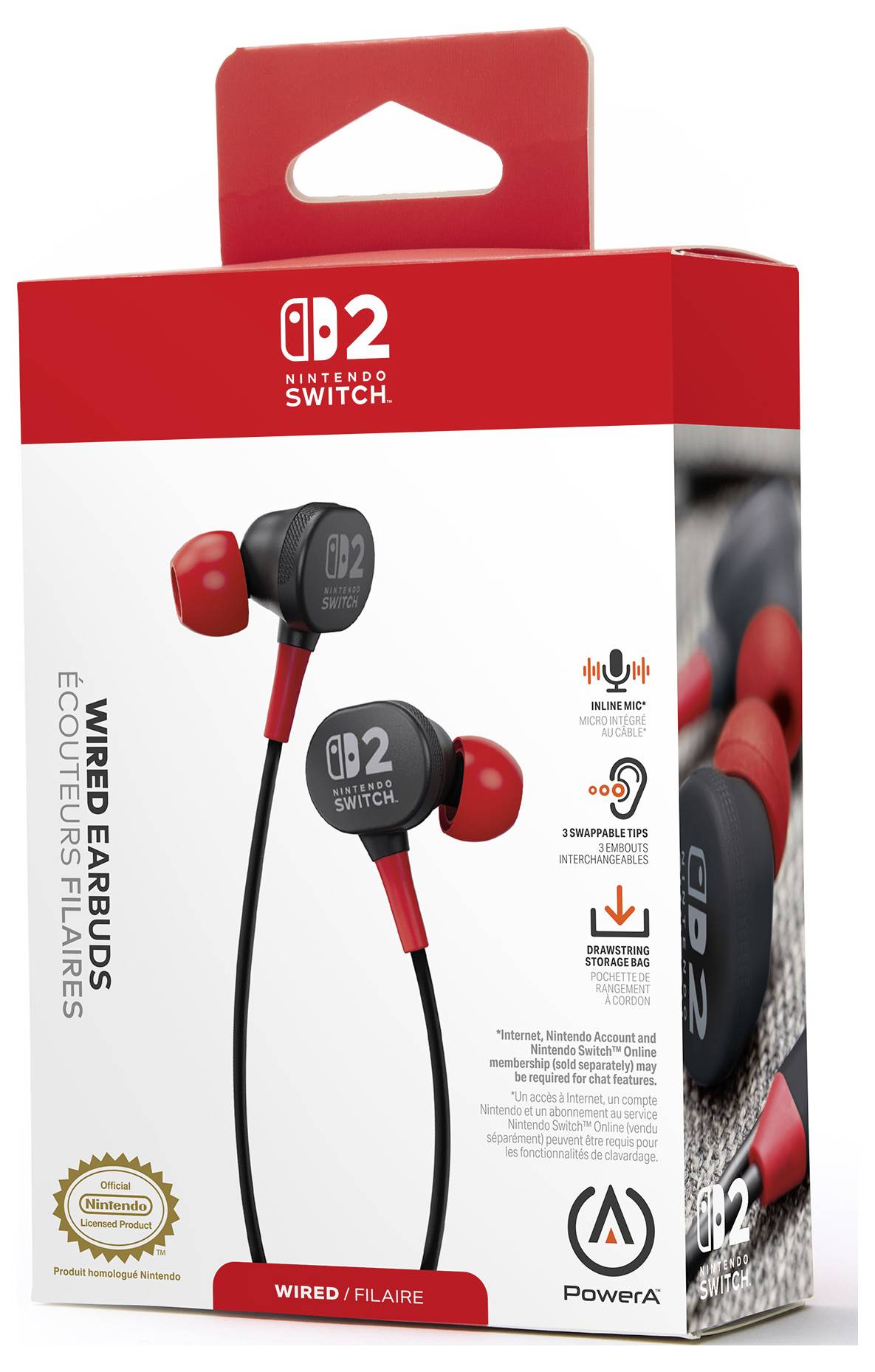 Emballage des écouteurs filaires Nintendo Switch G2 présentant des écouteurs rouge et noir avec microphone intégré et fonctionnalités de contrôle du volume.