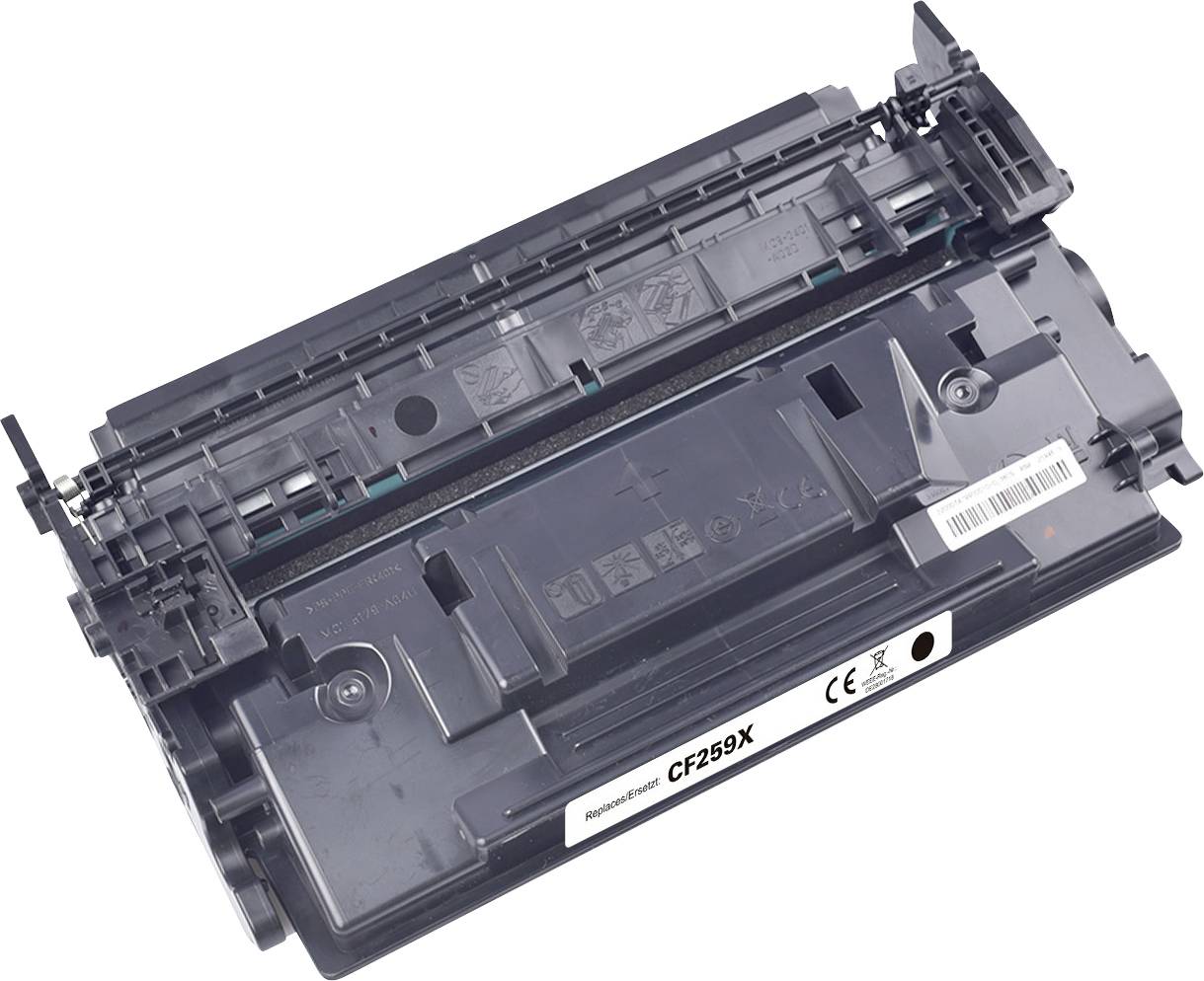 « Une cartouche de toner noir étiquetée CF259X pour une imprimante laser, présentant divers symboles et un code-barres sur son boîtier. »