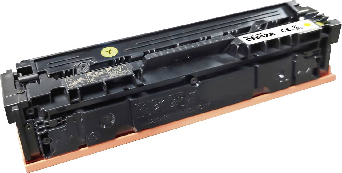 Cartouche de toner noir pour imprimante, étiquetée 'CE402A', avec une étiquette jaune indiquant la compatibilité de couleur.