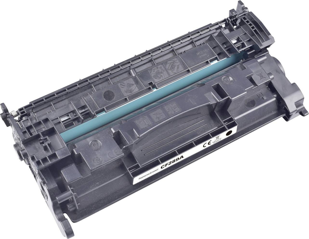 Une cartouche de toner noir étiquetée 'CF283A' avec languette de retrait visible, généralement utilisée pour les imprimantes laser.