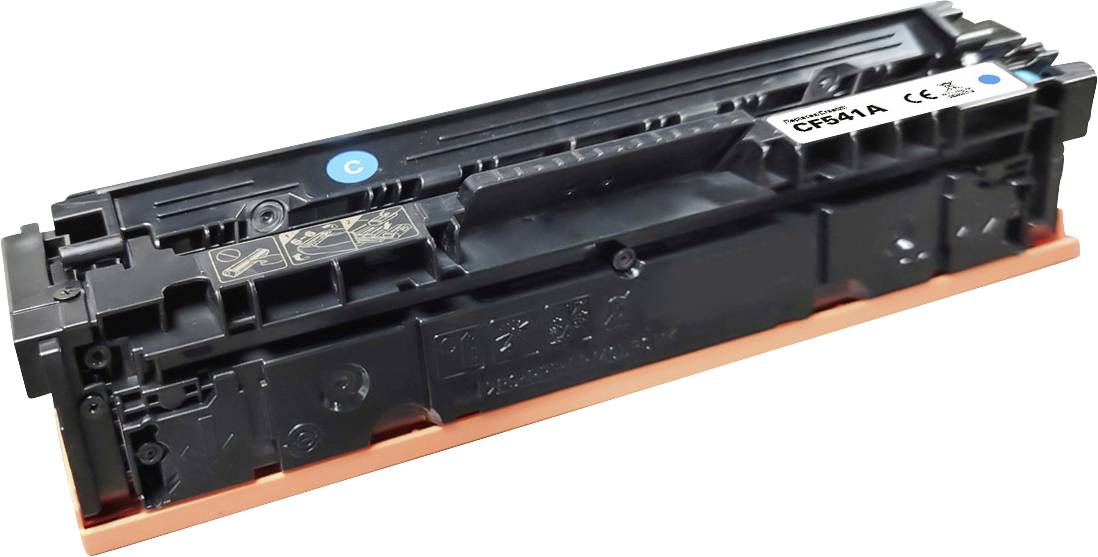 Cartouche de toner noir pour imprimante étiquetée « CE 401A » avec des circuits électroniques détaillés, un boîtier noir et une base orange, sur un fond blanc.