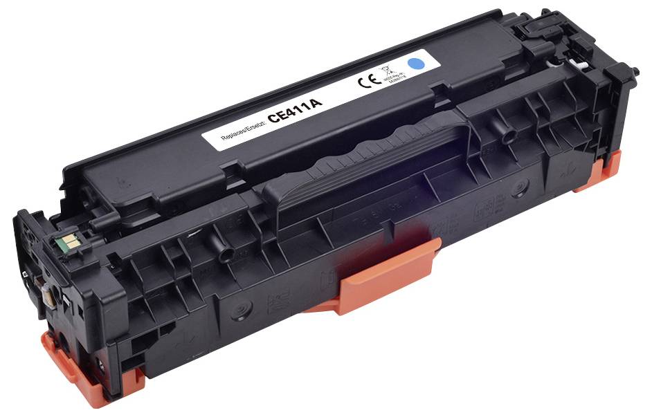Une cartouche de toner noir étiquetée « CE411A », munie de capuchons de protection orange et d'une gommette autocollante bleue, utilisée dans les imprimantes laser.