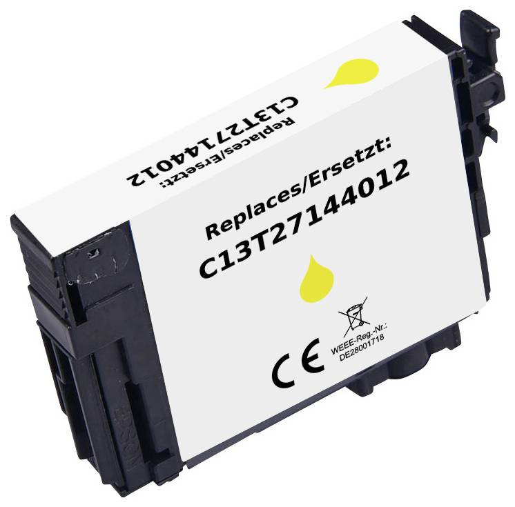 Cartouche d'encre étiquetée « Remplace/Ersetzt : C13T27144012 » avec une icône de goutte jaune, les symboles CE et de recyclage.