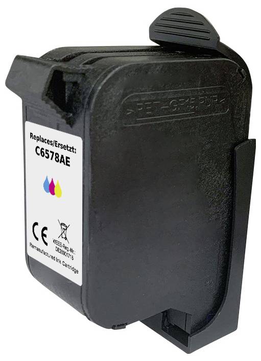 Un cartouche d'encre noire pour imprimante étiqueté « Replaces/Ersetzt C6578AE », avec des symboles de couleur et la marque CE.