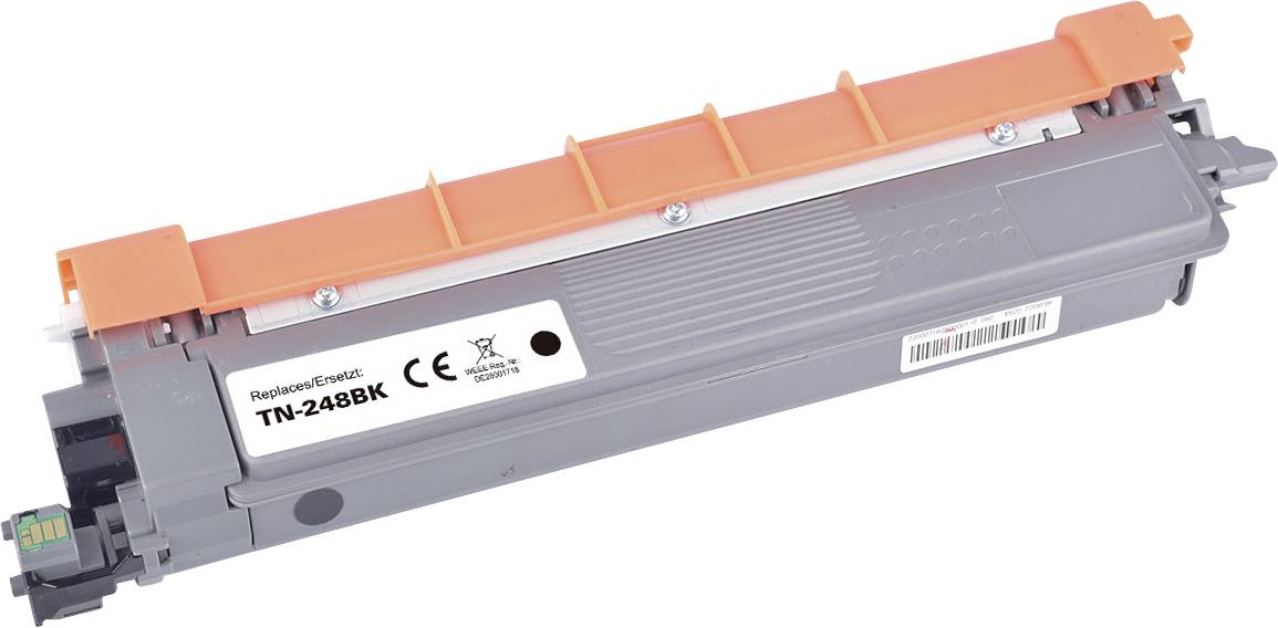 Une cartouche de toner noir et orange avec une étiquette indiquant 'TN-248BK', adaptée à une imprimante.