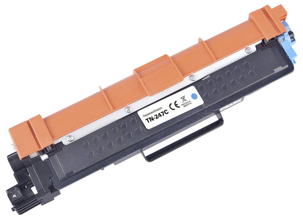 Une cartouche de toner d'imprimante avec un couvercle orange et une étiquette portant la mention « TN-247C » ; certifiée CE.