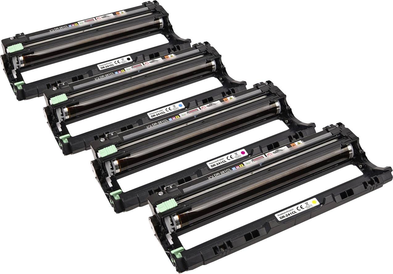 Quatre cartouches de toner d'imprimante noires alignées les unes à côté des autres, avec des étiquettes colorées indiquant différentes couleurs de toner.