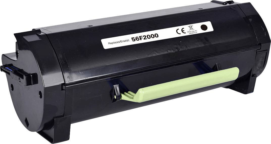 Cartouche de toner noir avec une poignée verte, étiquetée « Remplacer par 56F2000 », compatible avec divers modèles d'imprimantes.