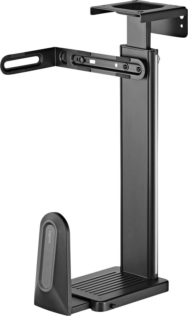 Un support de tour d'ordinateur noir réglable avec une base plate et un bras vertical, conçu pour un montage sous le bureau.