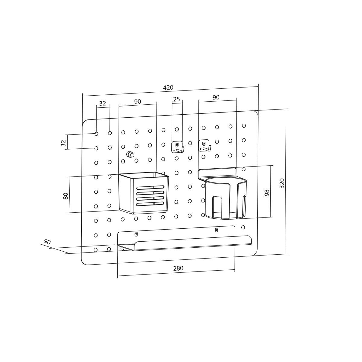 Dimensions du panneau perforé métallique avec crochets et contenants : largeur : 420 mm, hauteur : 380 mm. Comprend des rangées de trous et des bacs de rangement.