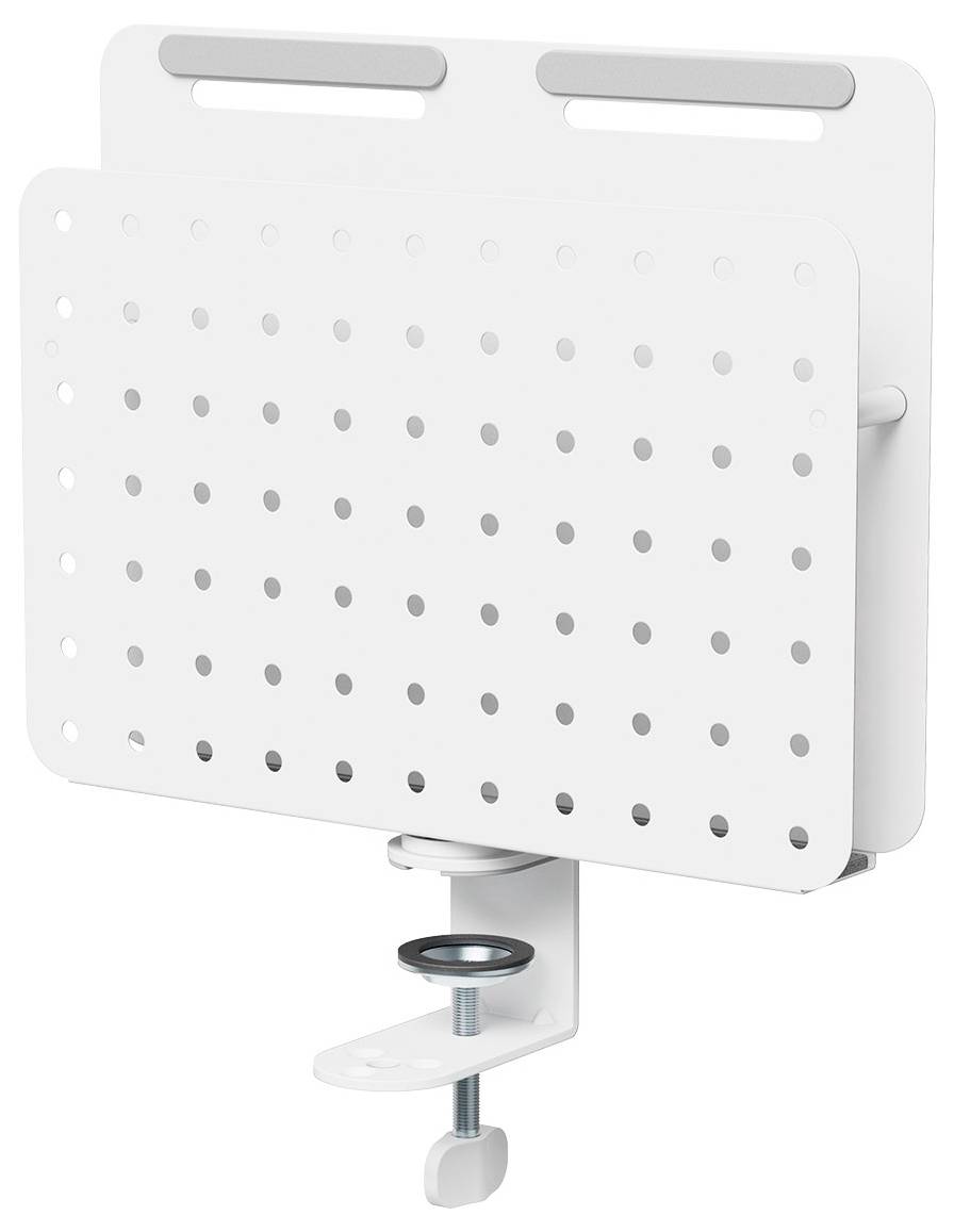 Un panneau blanc perforé avec un support de fixation à pince réglable, adapté pour organiser et monter des accessoires.
