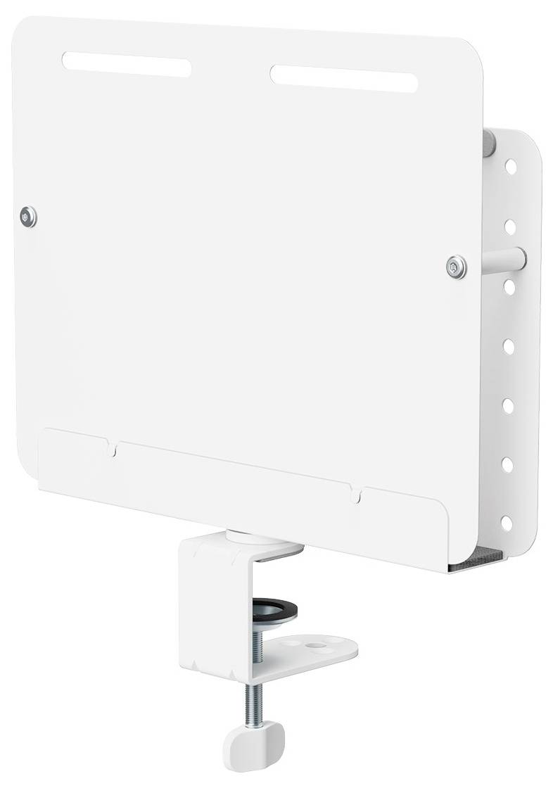 Support de montage réglable blanc pour écran d'ordinateur, doté d'une pince de fixation sécurisée sur le bord d'un bureau.