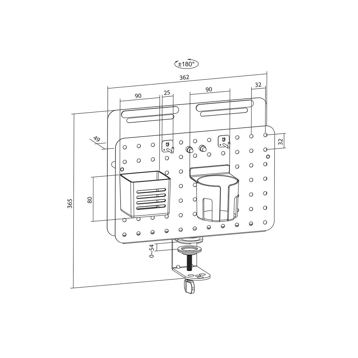 Schéma technique d'un support de fixation murale avec des mesures détaillées, comprenant les largeurs, hauteurs et angles, pour une installation précise.