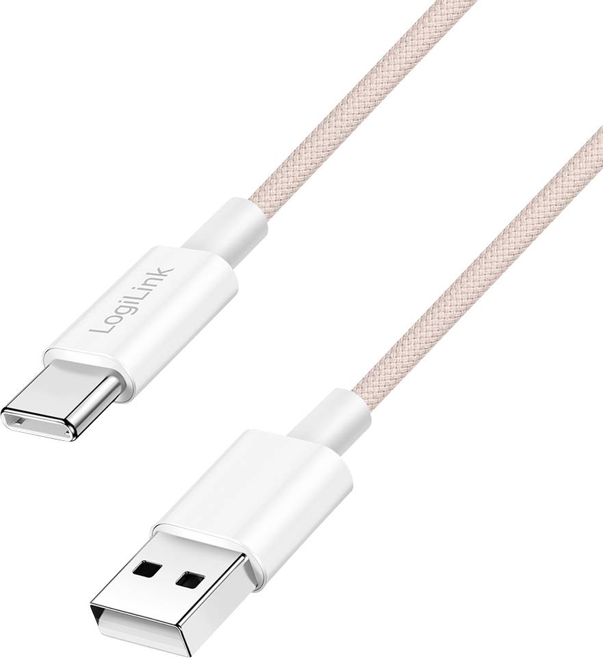 Un câble rose USB-C vers USB-A, conçu pour connecter des appareils, présentant une texture tressée pour une durabilité accrue.