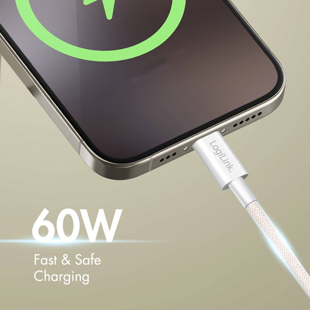 Un smartphone est en train d'être chargé avec un câble portant l'étiquette « LogiLink ». Le texte indique « 60W Charge Rapide et Sécurisée », soulignant la capacité de charge rapide.