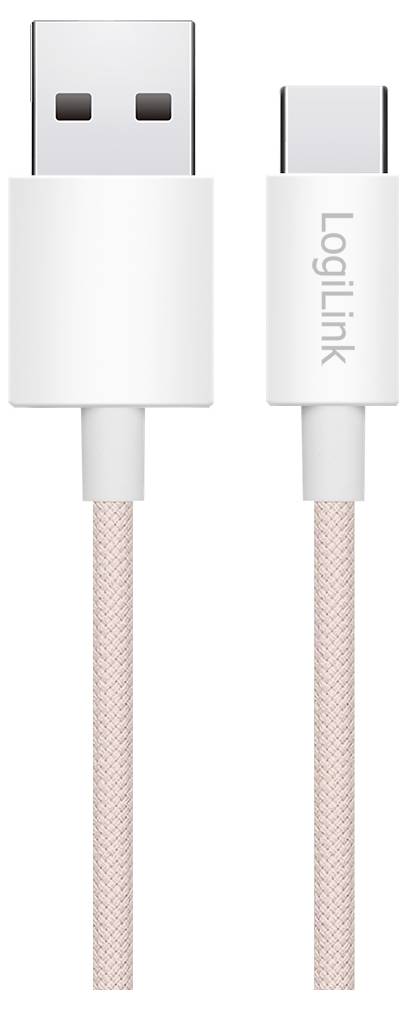 Un câble tressé blanc et rose de type USB-A à USB-C, étiqueté 'LogiLink', montrant les deux connecteurs.