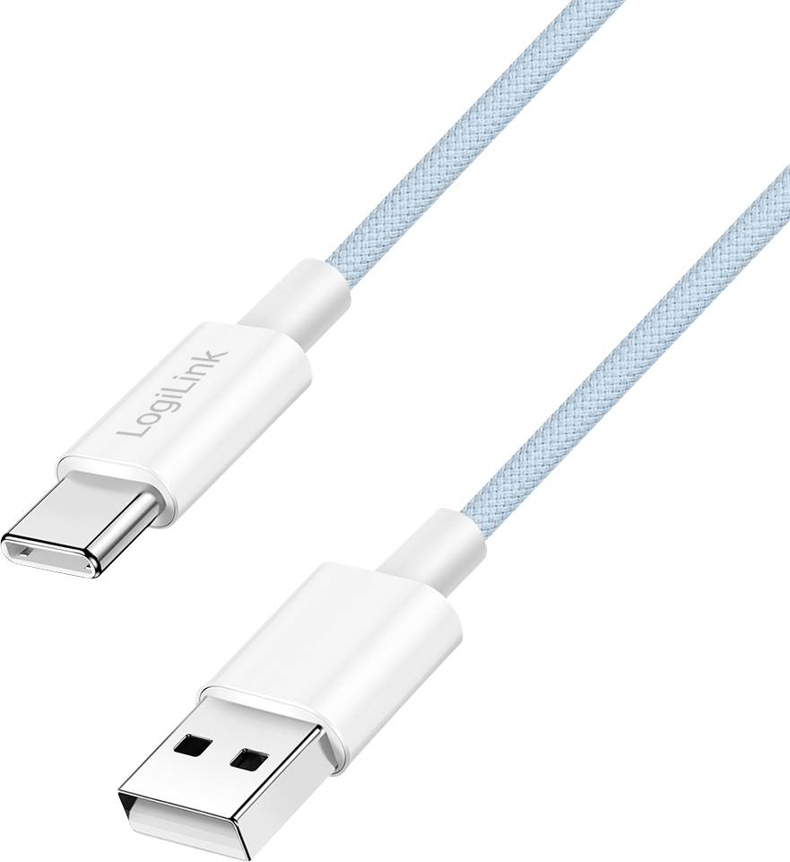 Câble USB-C vers USB-A bleu clair avec connecteurs blancs, portant l'étiquette 'LogiLink' sur une extrémité.
