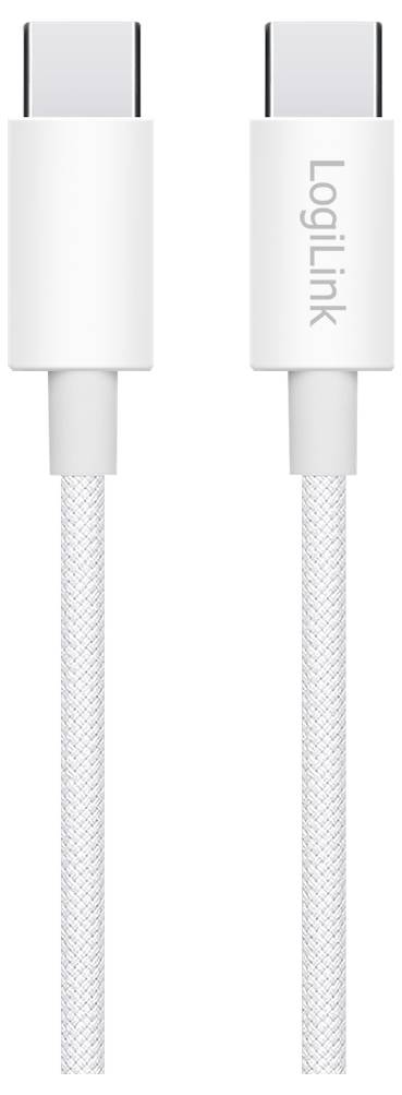 Deux câbles USB-C blancs avec un design tressé, affichant la marque 'LogiLink' sur un boîtier de connecteur, disposés verticalement.