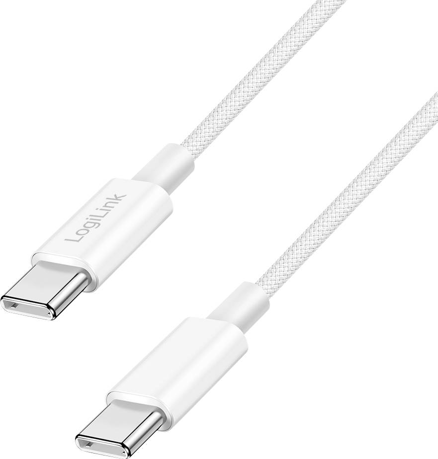 Câble USB-C blanc à texture tressée, doté de deux connecteurs USB-C, portant l'étiquette « LogiLink » sur le boîtier de la prise.