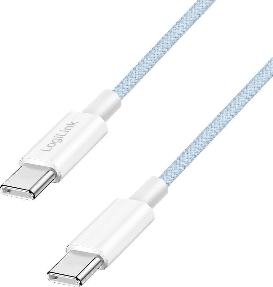Câble USB-C vers USB-C tressé bleu clair avec connecteurs blancs, étiqueté 'LogiLink'.