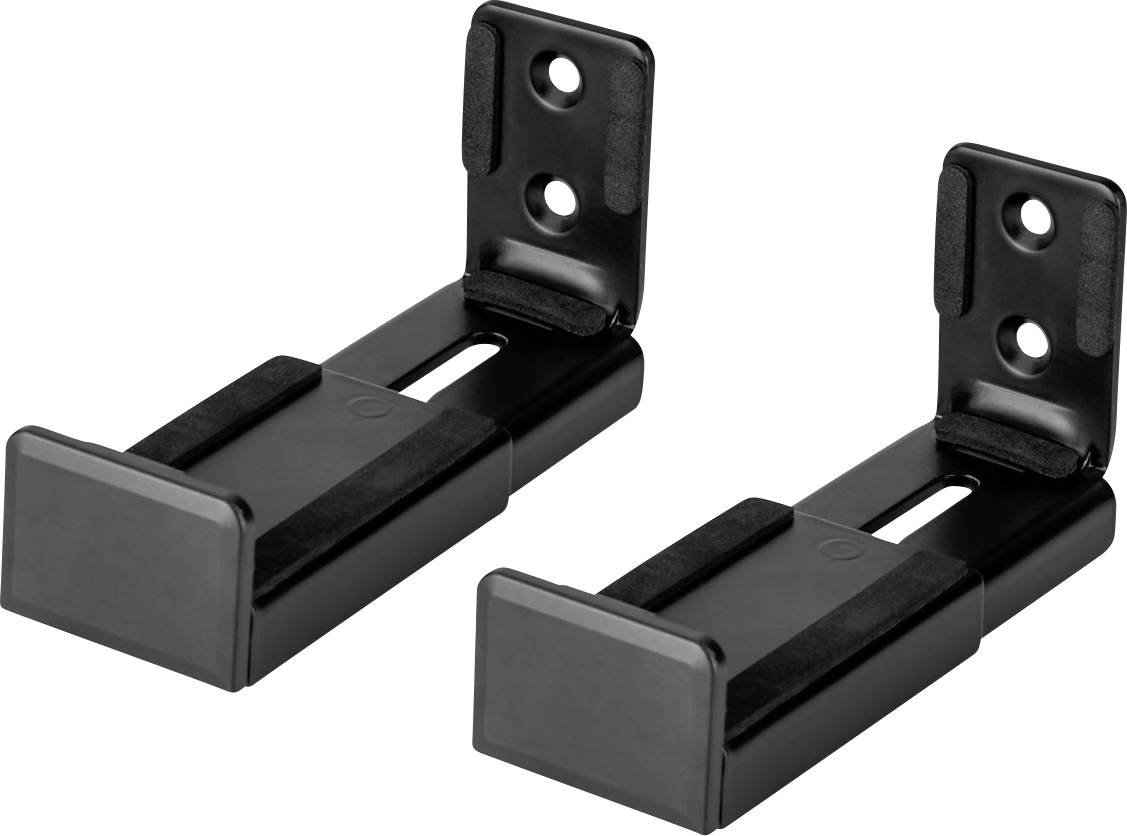Deux supports réglables noirs avec des trous de vis, conçus pour stabiliser ou monter des meubles ou de l'équipement sur un mur.