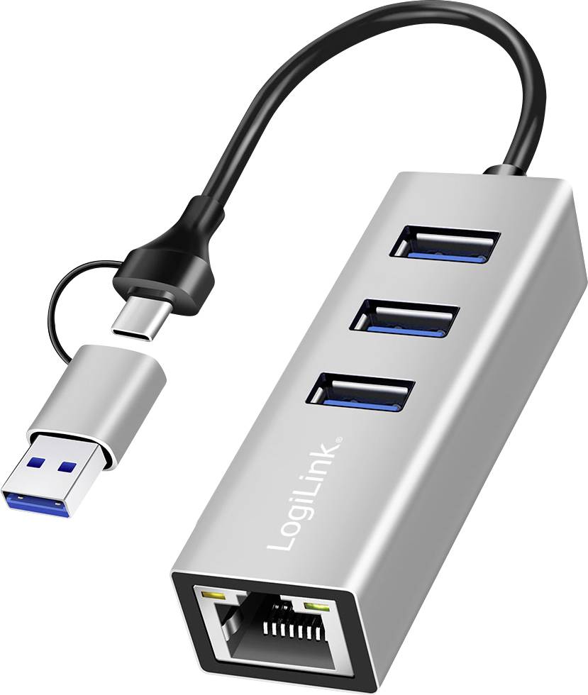 Un hub USB avec trois ports USB et un port Ethernet, étiqueté 'LogiLink', connecté par un court câble USB.