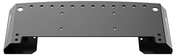 Un support de montage en métal noir avec plusieurs trous pour vis, conçu pour fixer des équipements ou des composants.