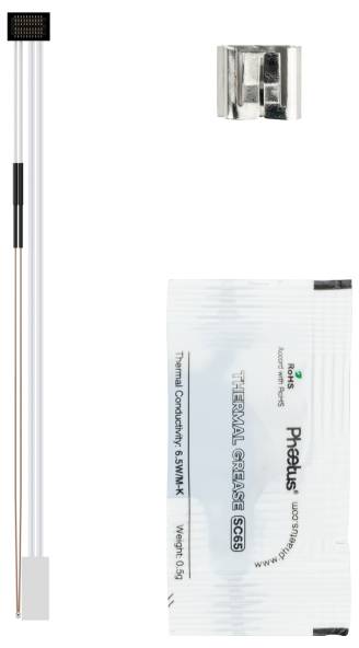 «Un kit comprenant un sachet de pâte thermique, un petit composant métallique et une paire de tiges en plastique blanc avec des fils attachés.»