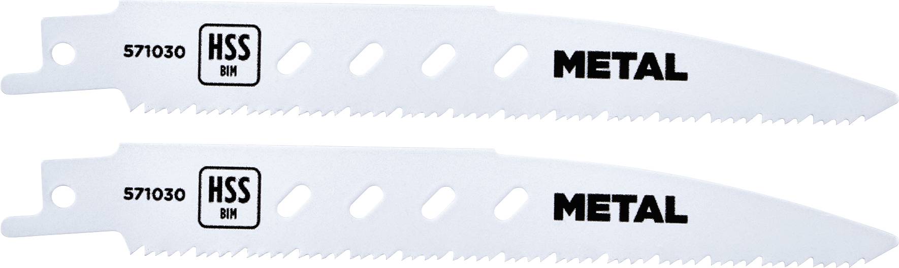 Two metal cutting blades with serrated edges, labeled 'HSS 5/71030' for high-speed steel.