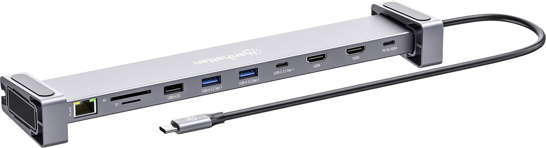 Un hub USB-C élégant et métallique avec plusieurs ports, comprenant USB-A, HDMI, Ethernet, un lecteur de carte SD et un câble d'alimentation, offrant des solutions de connectivité.