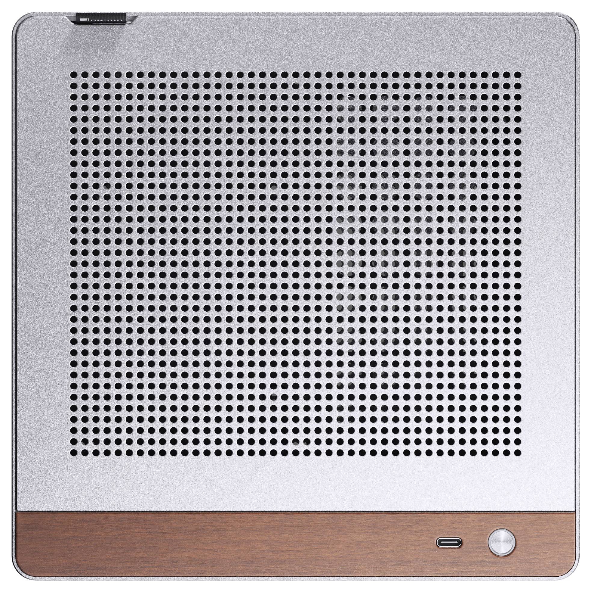 Un haut-parleur élégant et moderne, fixé au plafond, doté d'une grille en métal perforée et d'une bande décorative en bois à la base.