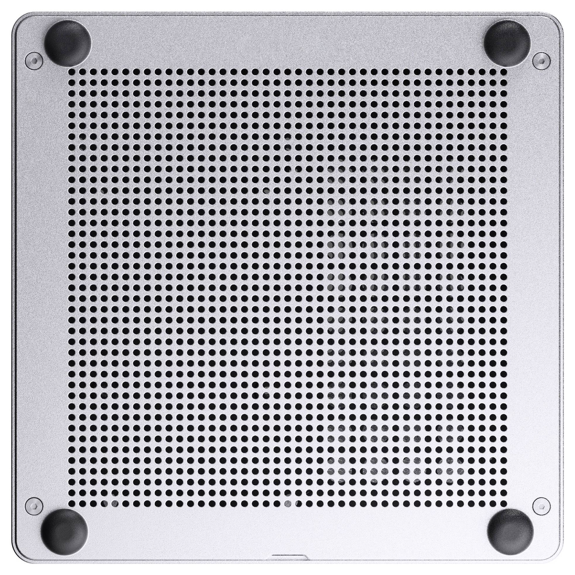 Vue inférieure d'un ordinateur portable avec une grille métallique de ventilation et quatre pieds circulaires en caoutchouc aux coins.