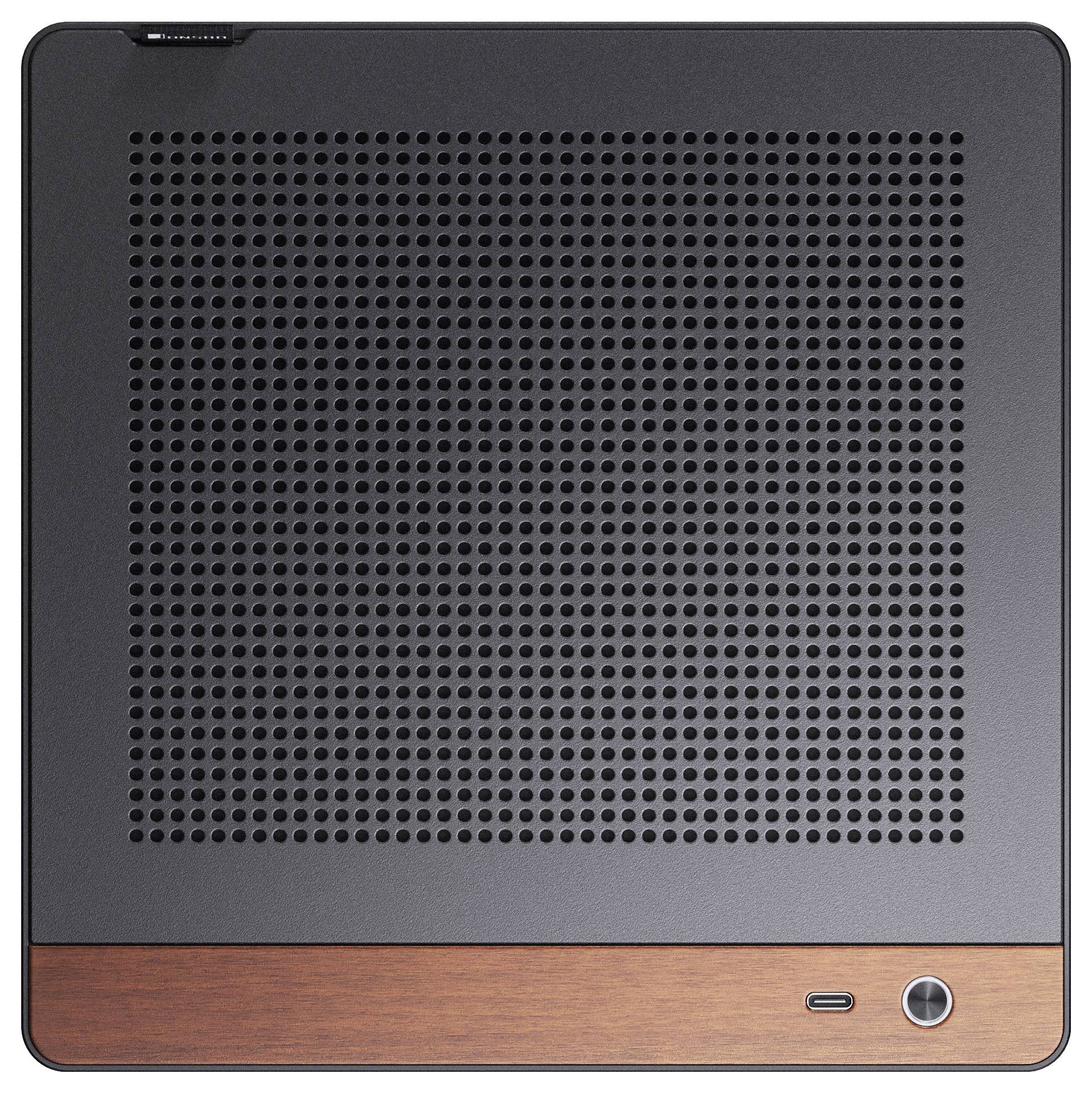 Appareil électronique compact avec une surface perforée noire et une base d'accent en bois, doté d'un petit bouton circulaire.