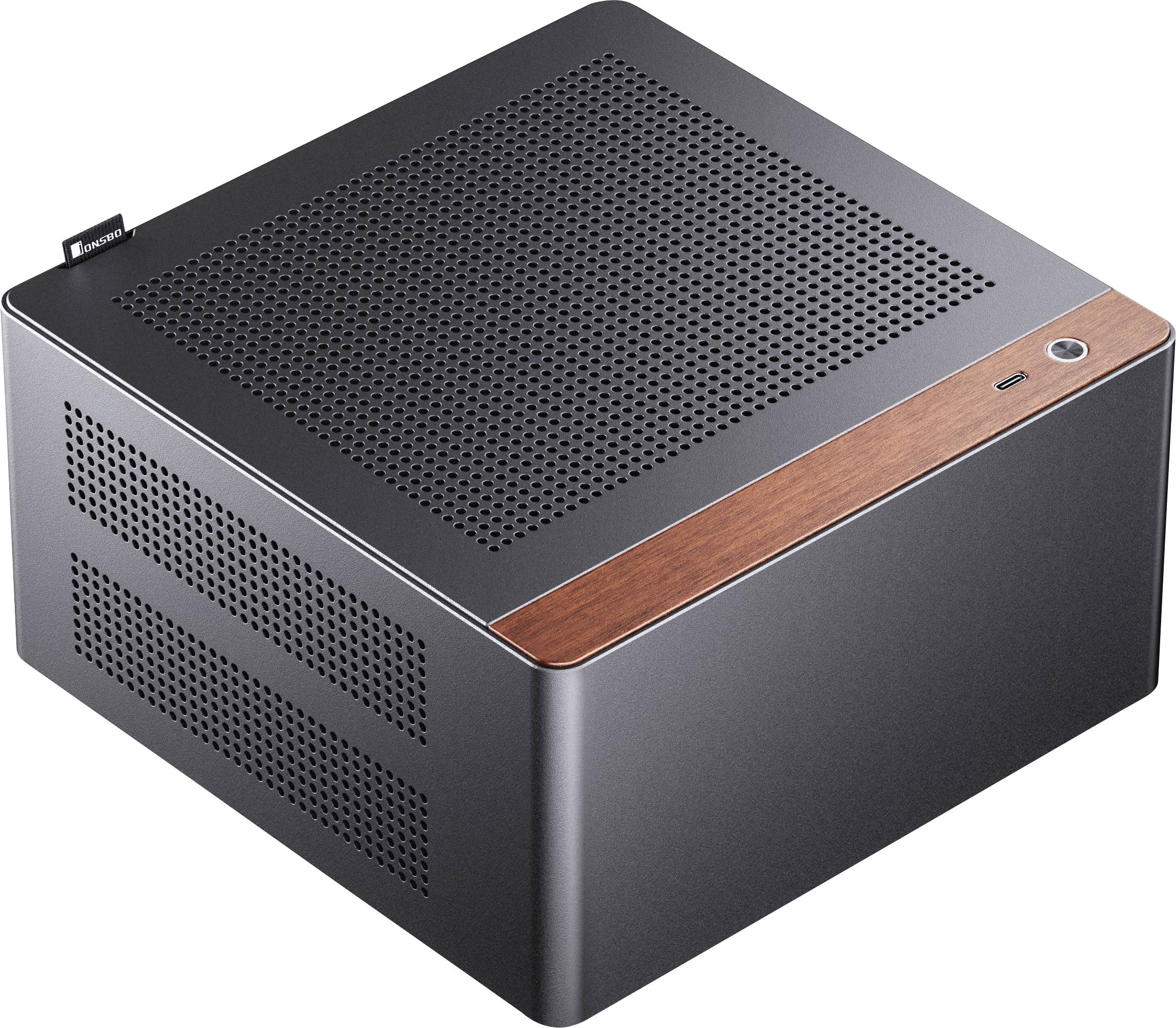 Un boîtier d'ordinateur élégant, compact, noir avec une texture en bois, doté de trous de ventilation sur le dessus et de ports USB sur le côté.