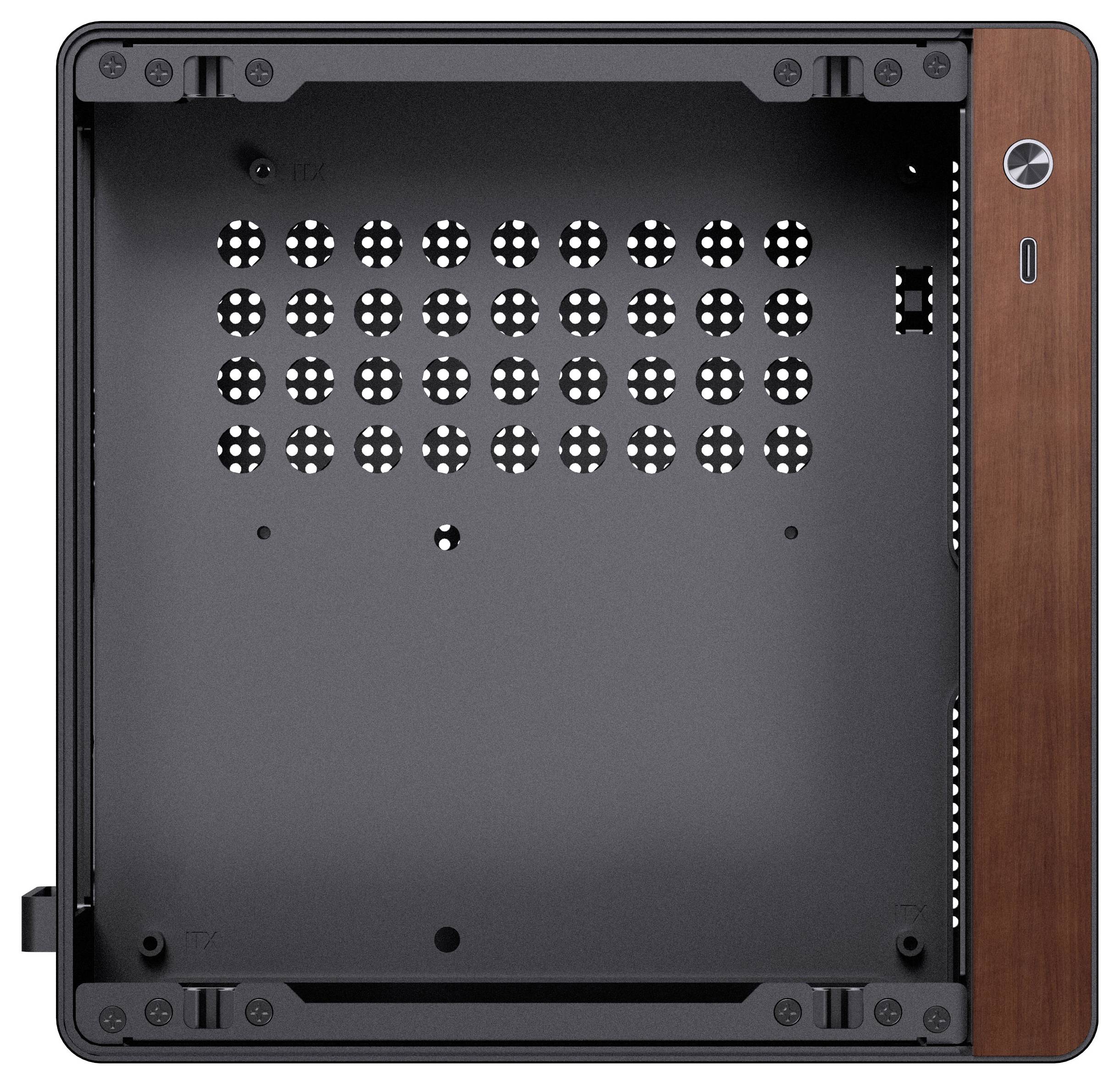 Un boîtier d'ordinateur rectangulaire noir et marron avec des trous de ventilation perforés sur la surface supérieure, vu de dessus, avec des boutons sur le côté.