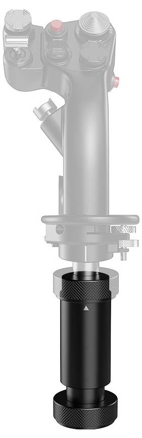 Une image en noir et blanc d'une poignée de joystick mécanique montée sur une base. L'image met en valeur les boutons de contrôle détaillés et les surfaces.