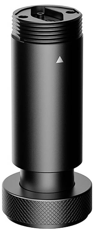 Un objet cylindrique en métal noir mat, doté d'une surface texturée à la base, est dressé verticalement et présente un filetage ainsi qu'une petite flèche sur son côté.