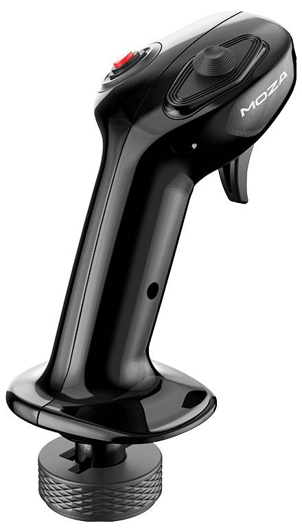 Un joystick noir portable avec un bouton rouge et une gâchette incurvée, portant l'étiquette « MOZA », utilisé pour contrôler des appareils ou des jeux.