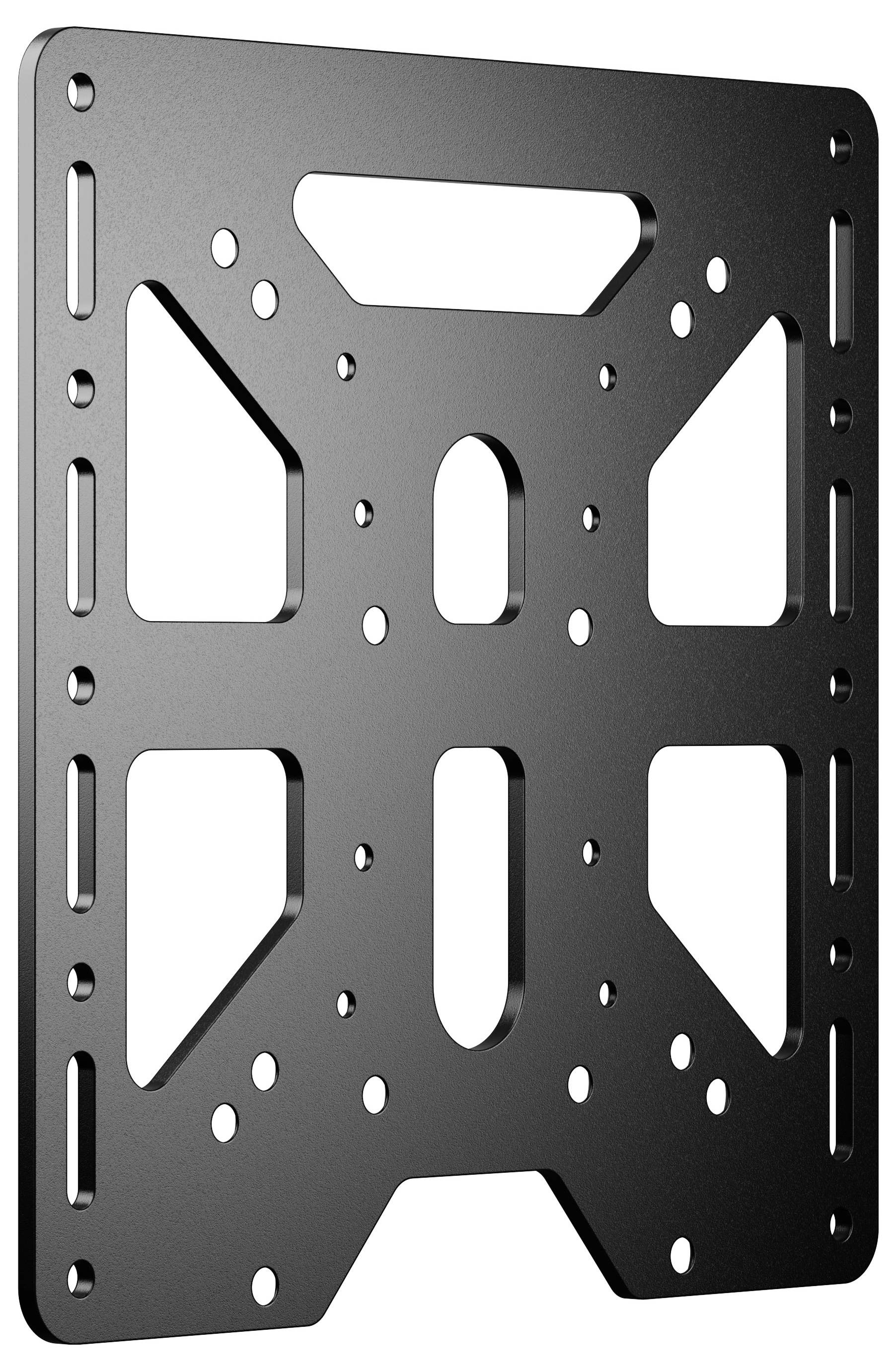 Un support de montage mural pour téléviseur en métal noir avec plusieurs trous de vis et une découpe rectangulaire en haut pour une installation sécurisée.