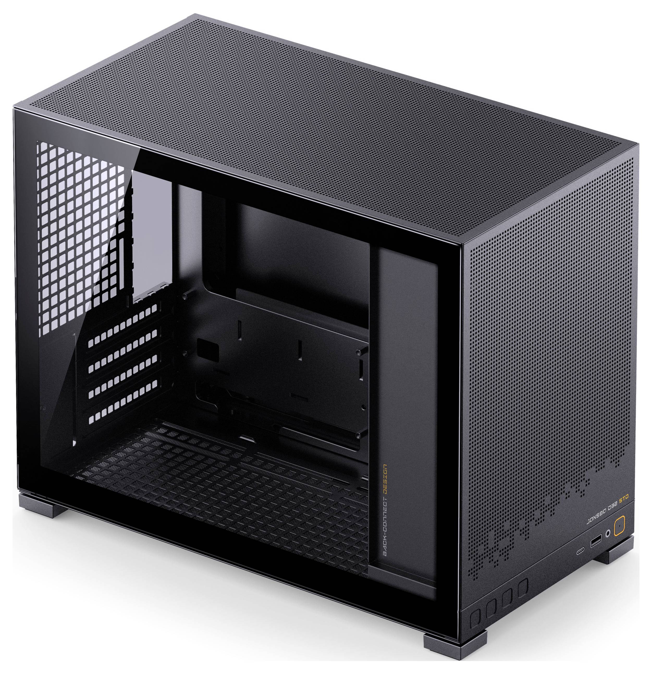 Un boîtier d'ordinateur compact noir avec un panneau latéral en maille, un intérieur visible conçu pour optimiser la circulation de l'air ; ports et bouton d'alimentation sur la façade.