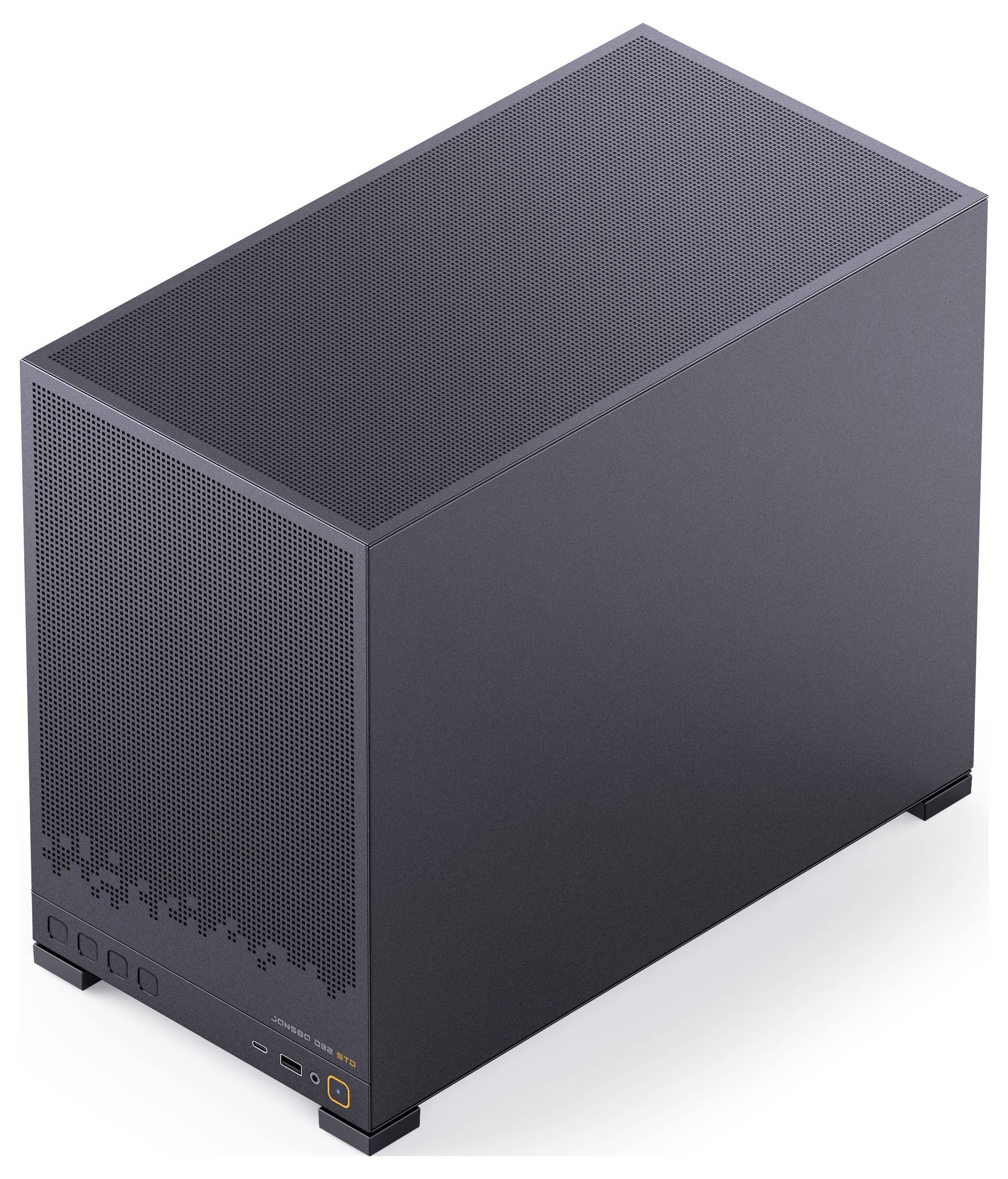 Un boîtier d'ordinateur noir élégant au design minimaliste, doté de ports d'E/S frontaux et d'un dessus perforé pour la ventilation.