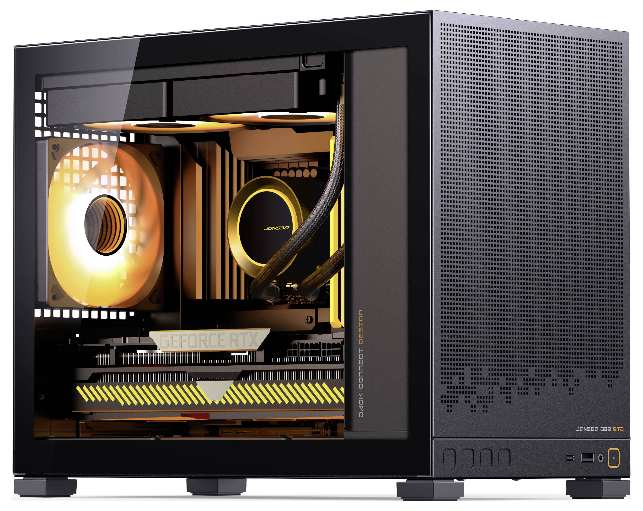 Un boîtier d'ordinateur de bureau noir avec un éclairage orange à l'intérieur, mettant en valeur un ventilateur de refroidissement visible et une carte graphique 'GeForce RTX'.