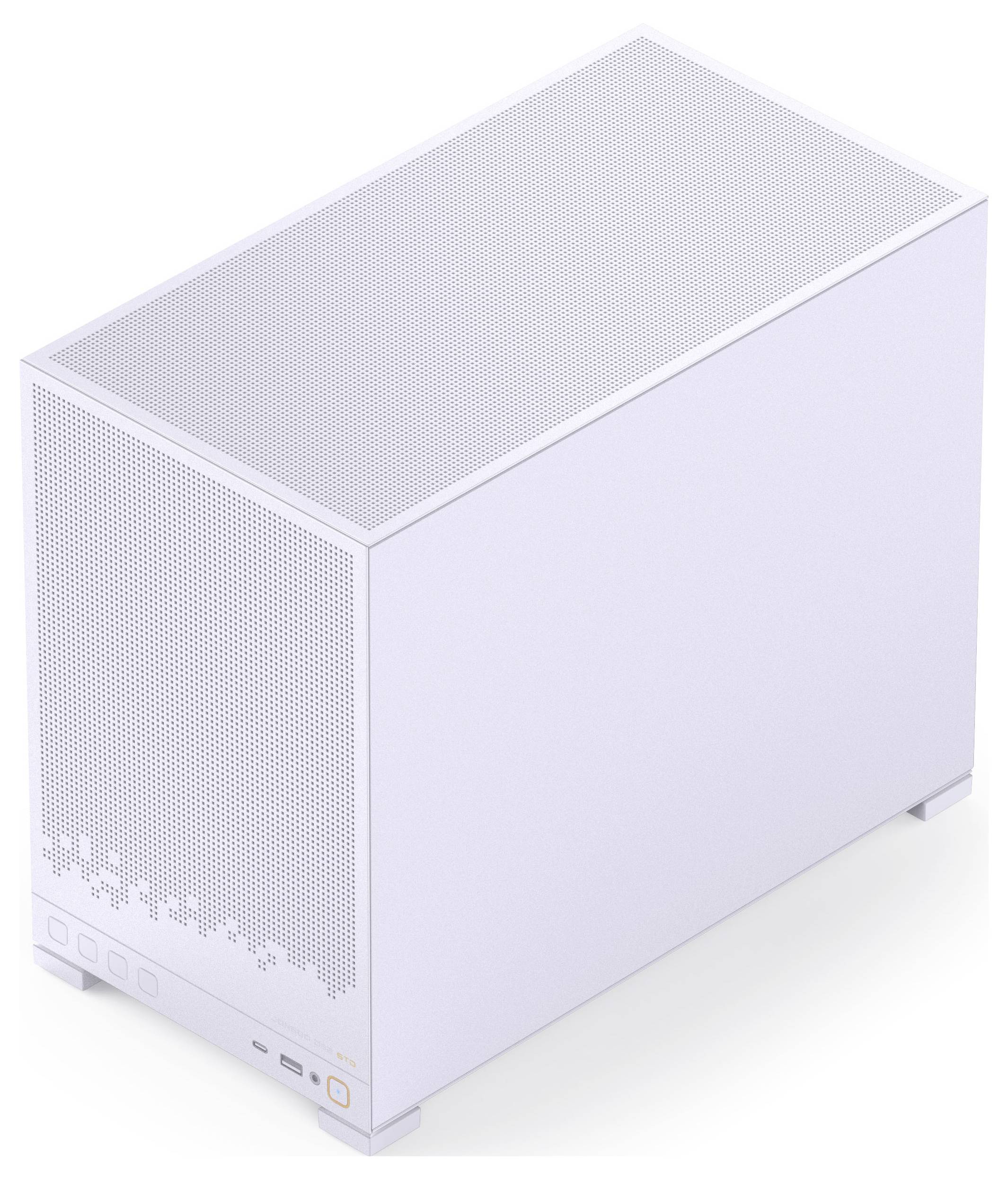 Un boîtier d'ordinateur blanc, rectangulaire, avec des côtés ajourés, des ports USB et un bouton d'alimentation à l'avant.