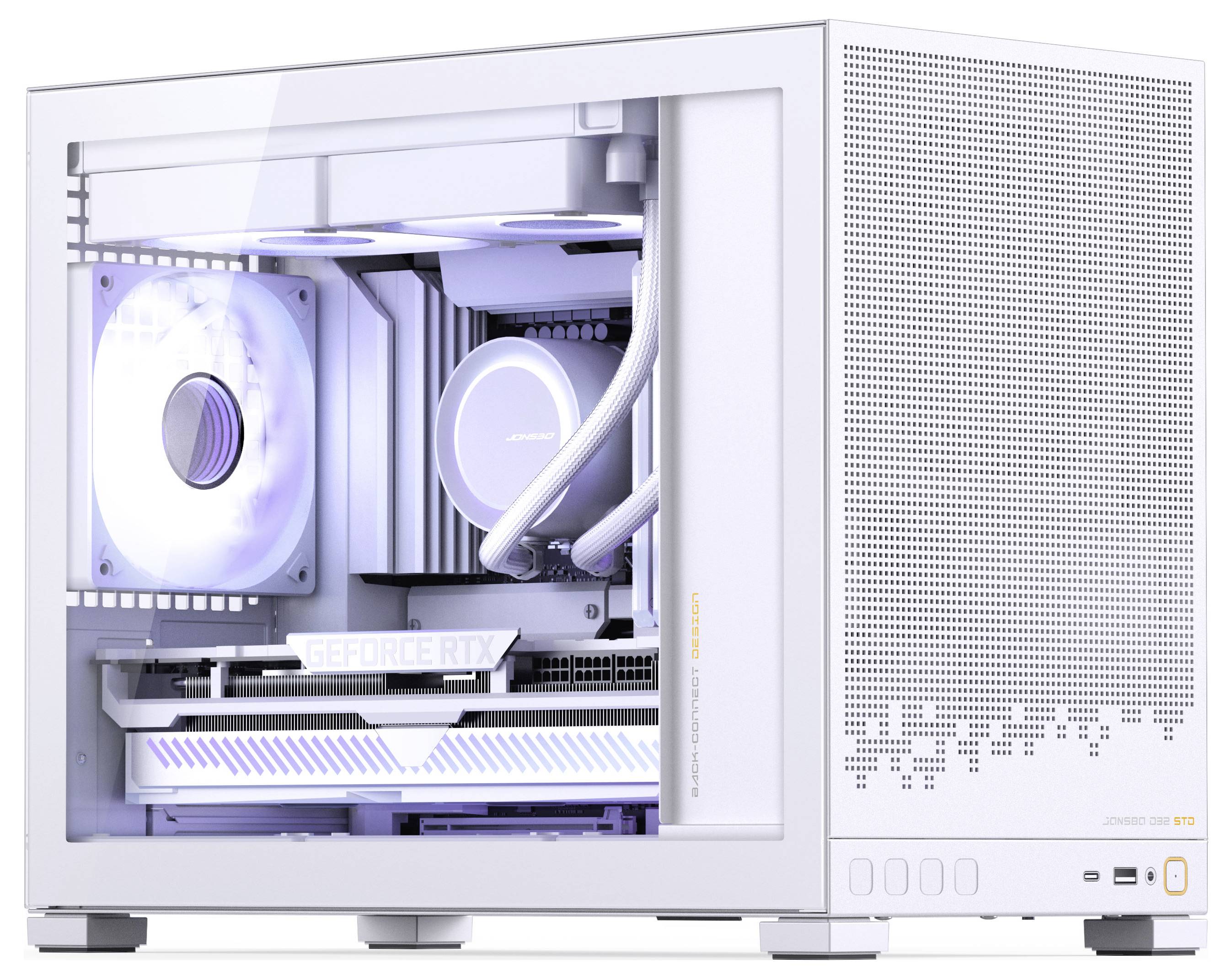 Un boîtier PC blanc avec un panneau latéral en verre expose les composants internes : deux ventilateurs, des tubes de refroidissement et une carte graphique 'GeForce RTX' bien visible.