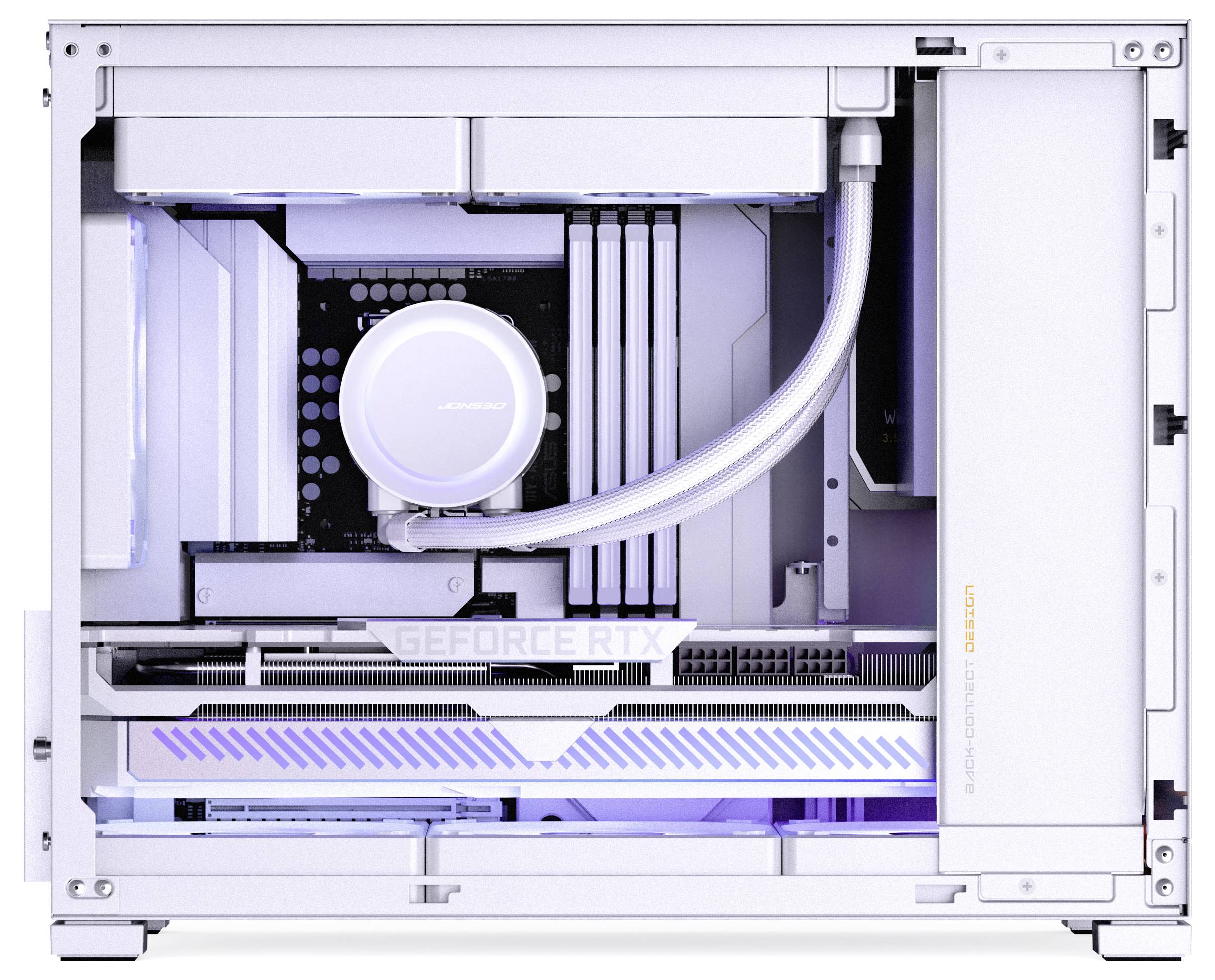 Un ordinateur personnalisé blanc avec refroidissement liquide, une carte graphique visible portant l'étiquette « GeForce RTX », des câbles soigneusement organisés et un éclairage LED.